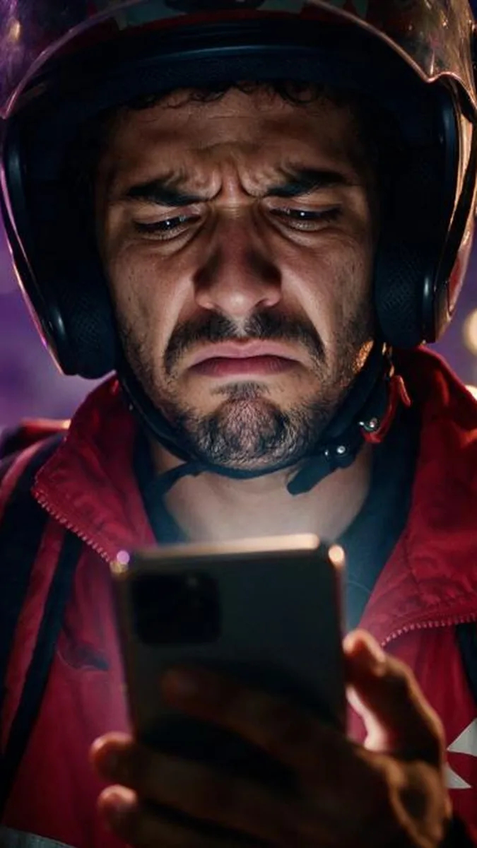Entregador confuso olhando o celular à noite, tentando somar quanto já ganhou em cada app